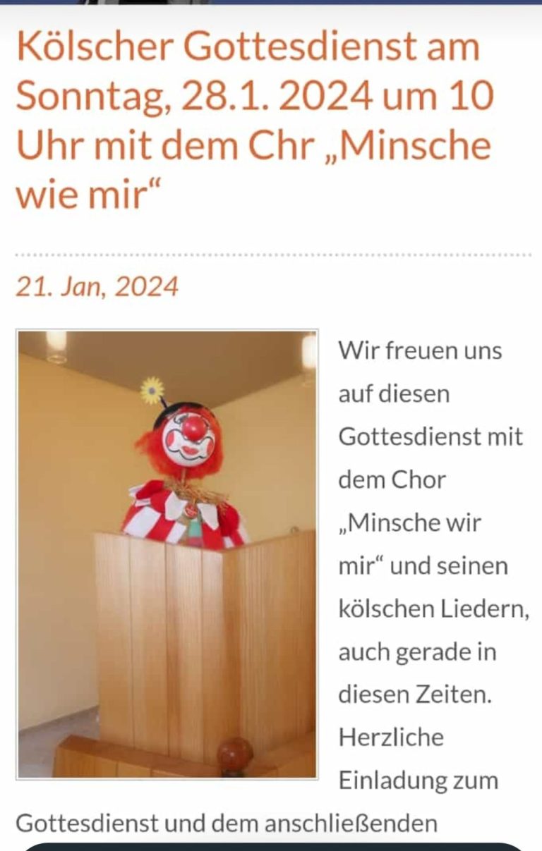 Clown auf einem Podium, Ankündigung eines Gottesdienstes mit einem Chor.